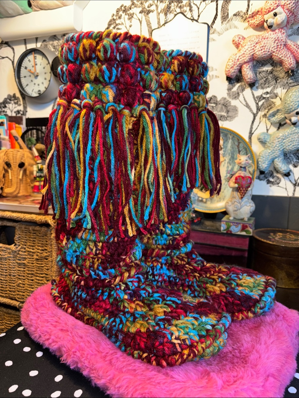 NWOT handmade, crochet knit, knee-high boot socks, slippers with exquisite patte